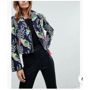 ASOS Blue Green Peacock Jacquard Biker Jacket Artsy Boho Art To Wear US Sz 4